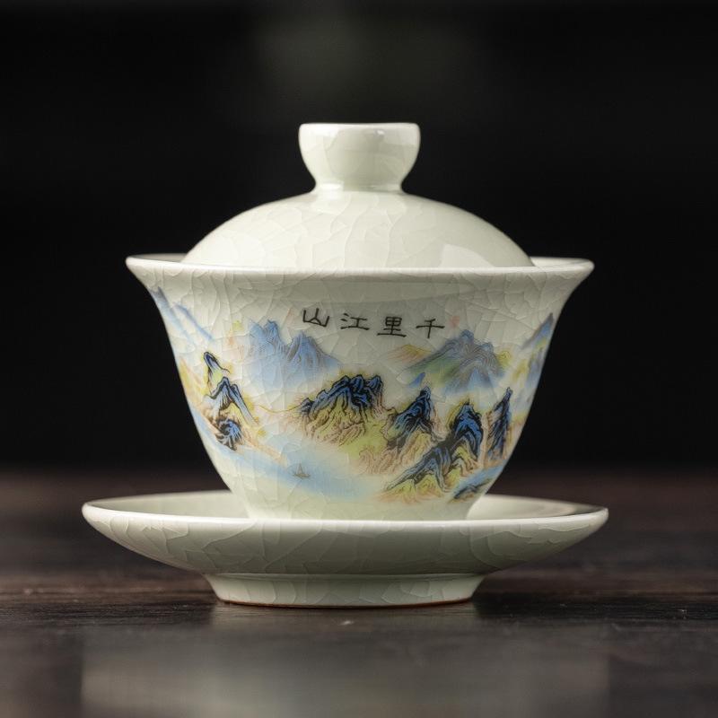 High-grade Gemstone Yellow Ru Kiln Cover Bowl Sancai Tea Bowl Qianli Jiangshan Hand-painted Kung Fu Tea Set Household Handmade Single