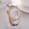 Fashion Women Rhinestone Wrist Watch Casual Rose Pattern Quartz Wristwatch