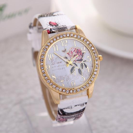 Fashion Women Rhinestone Wrist Watch Casual Rose Pattern Quartz Wristwatch