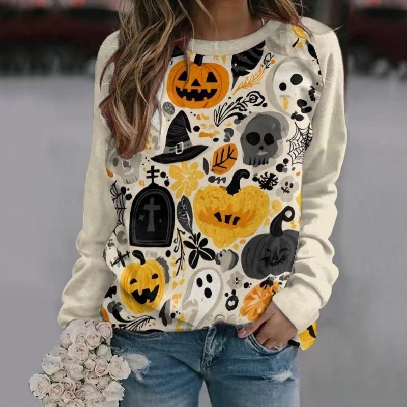 New Halloween Ladies Sweater 3D Digital Printing Pumpkin Bat Dark Pattern Crew Neck Long Sleeve Top