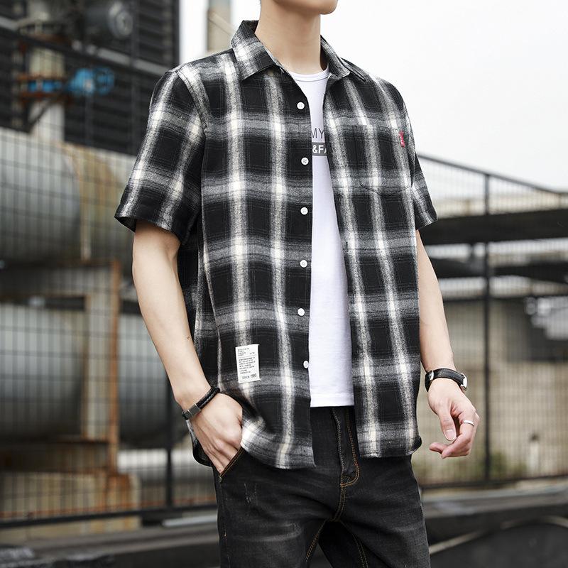 Summer Port Style Loose Lapel Men's Checkered Short-sleeved Shirt Fashion Brand Youth Casual Shirt Men's Cardigan Trend