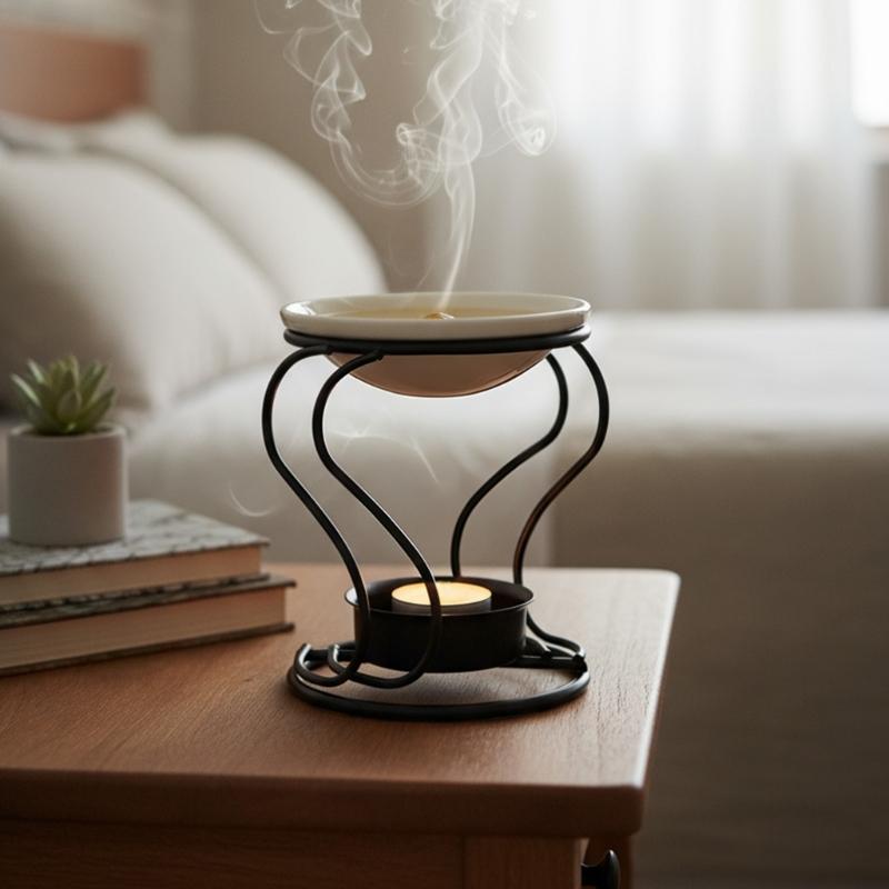 Iron S Curved Candle Stand Essential Oil Burners With Ceramic Dish Metal Stand For Fragrances Wax And Oil Diffusing