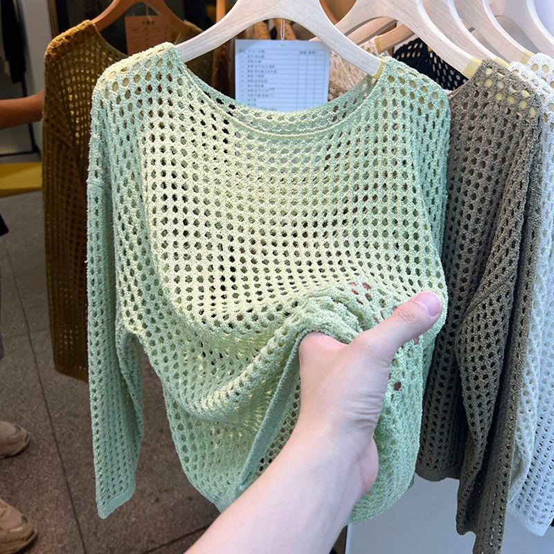 Letni retro ażurowy dzianinowy top redukujący wiek, prosta luźna casualowa bluzka przeciwsłoneczna damska