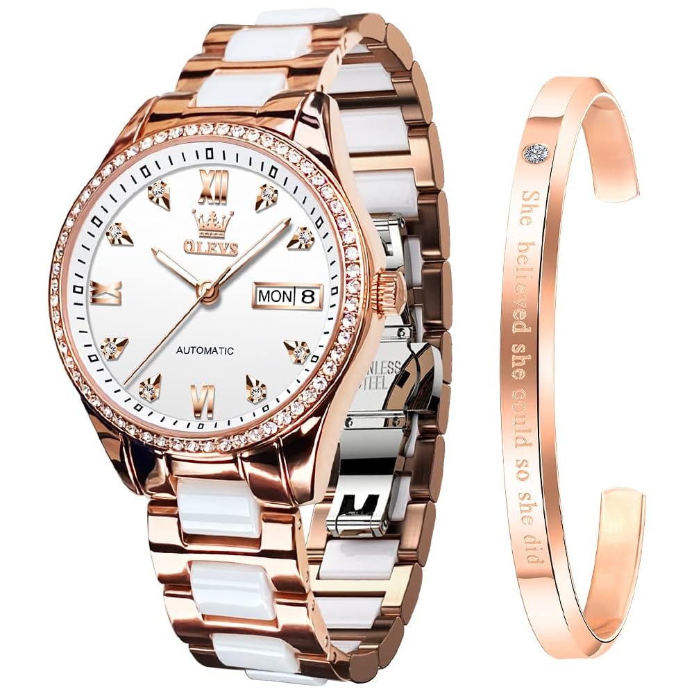 OLEVS Women s Stylish Waterproof Mechanical Watch with Date, Luminous Dial, Ceramic Bracelet White
