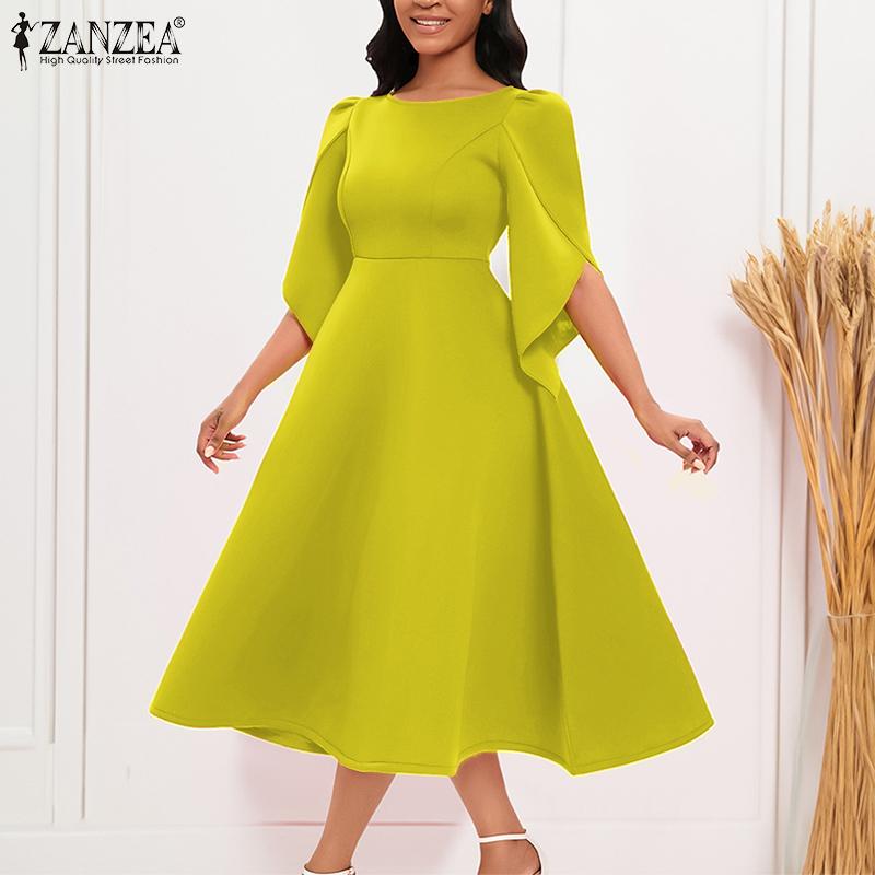 

ZANZEA Женское Элегантное Платье А-силуэта с вырезом лодочкой и рукавами-фонариками 3/4 на талии S чёрный