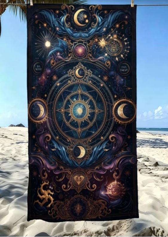 Textilien Large Microfiber Beach Towel,Celestial Astrology & Tarot Print,Sand Free & Quick Dry,For Mystical Cosmic Themed Summer Beach Use