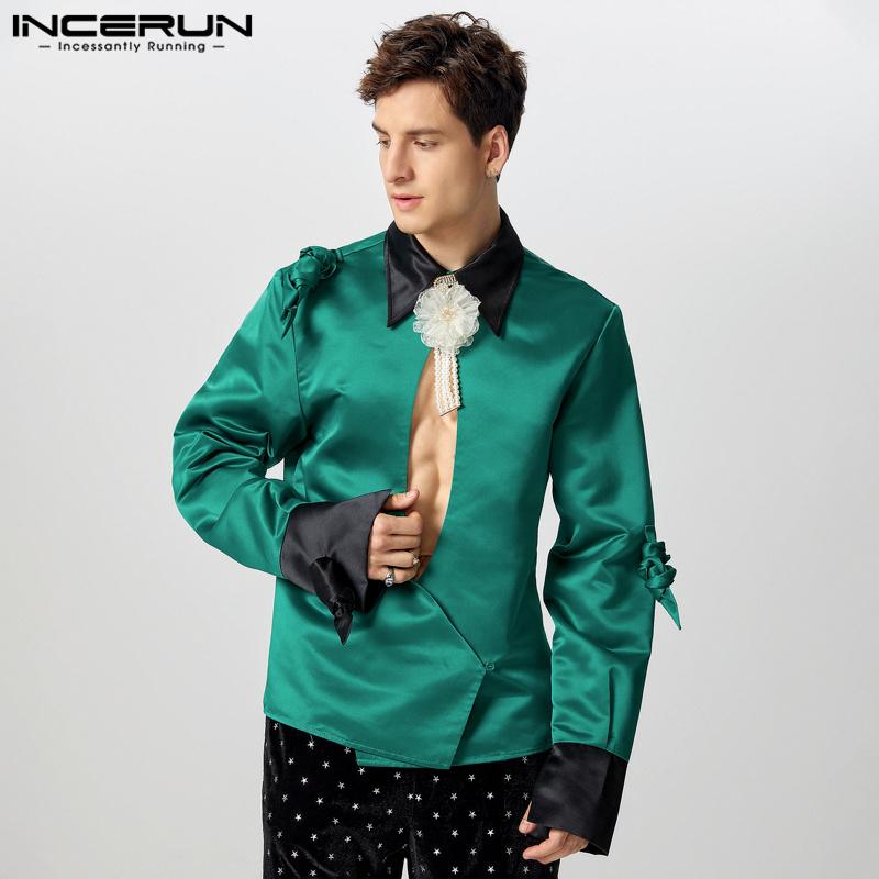 INCERUN Men Lapel Neck Long Sleeve Satin Shirts Solid Color Bandage Hollow Front Cross Tops