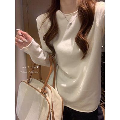 Einfaches Rundhals Basic Strick-Unterhemd Damen Herbst und Winter Lässiges lockeres Innenoberteil gekräuselter Pullover