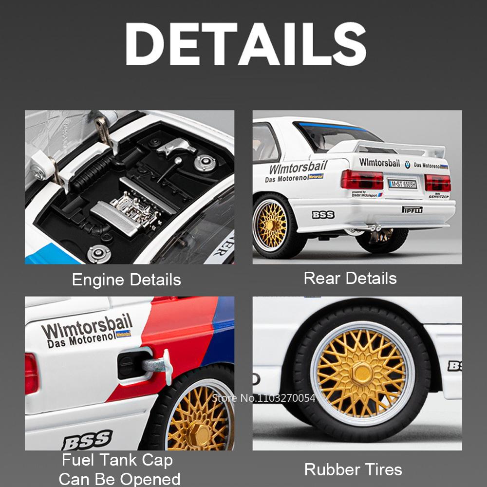 1:24 M3 Gtr M4 Alloy Miniature Model Toy Diecast Cars Front Wheel Steering Doors Opened Sound Light Collect Models For Boy Gifts