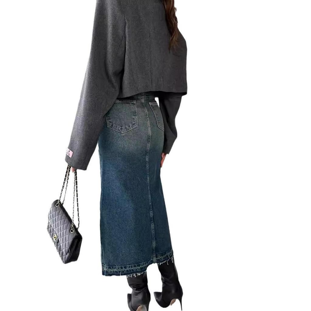 High Waist Washed Denim Slit Skirt - Slim Fit, Mid-length Retro Style for Women