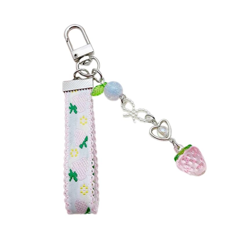 Lace Ribbon Keyring Cute Sweet Strawberry Pendant Keychain Colorful Beaded Phone Lanyard Multi-Functional Bags Accessories
