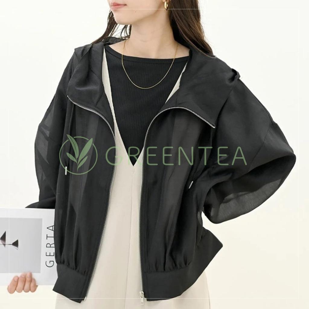 Green Tea Lightweight Hoodie with Sun Protection Women's Zip-Up (JP, Alphabet, L, Black)