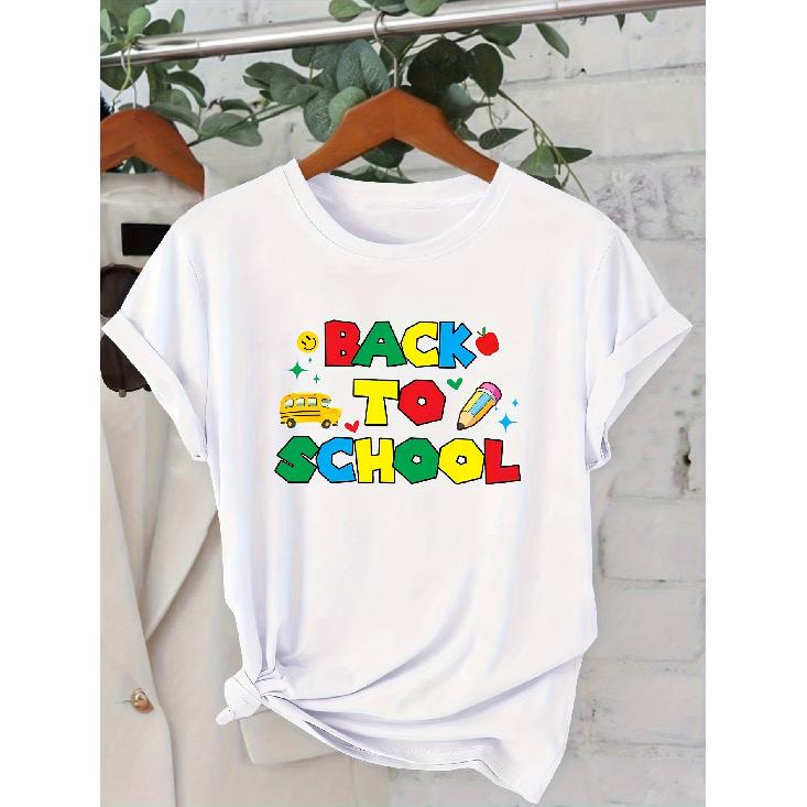 Women s Short Sleeve Collection“BA TO SCHOOL” School Bus Apple Pencil Colorful Back to School Printed round-neck casual fashion commuter daily S белый
