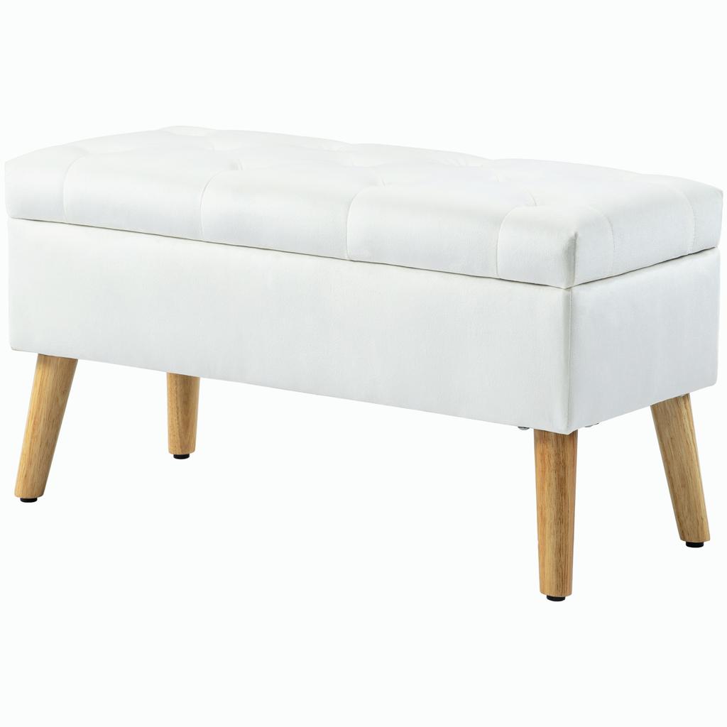 Upholstered Storage Bench, Velvet-Look Fabric Cover, Wooden Legs, for Living Room, Bedroom, Hallway, 80 x 35 x 42 cm, White