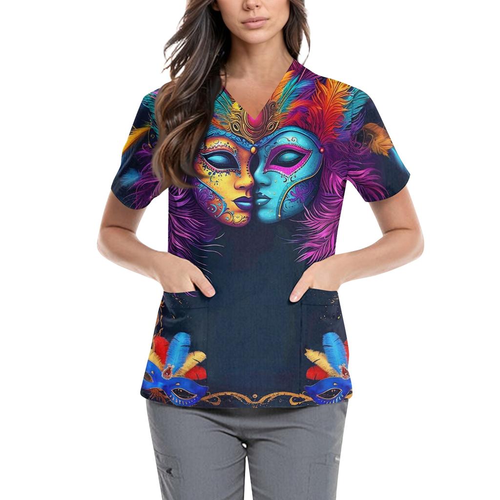Women's  Carnival Themed Outfit Party Mask Pattern Caregiver Top