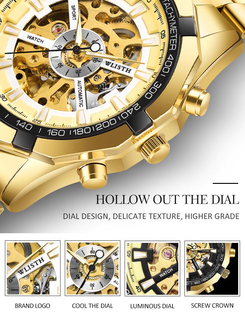 Wolis Men's Gold Waterproof Mechanical Watch - Creative Hollow Design