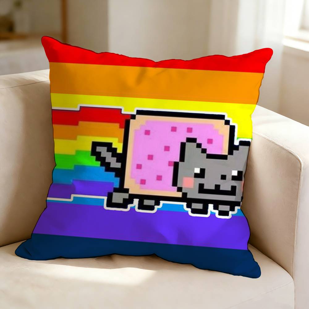 PixelArt Cartoon NNyan CCat Square DoubleSided Printed Pillow Case Bedroom Bedside Pillow Sofa Cushion Cover