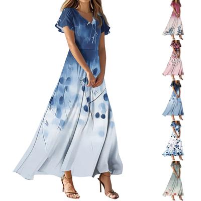 Women's Casual Fashion Print Long Dresses V-Neck Short Sleeve Dresses