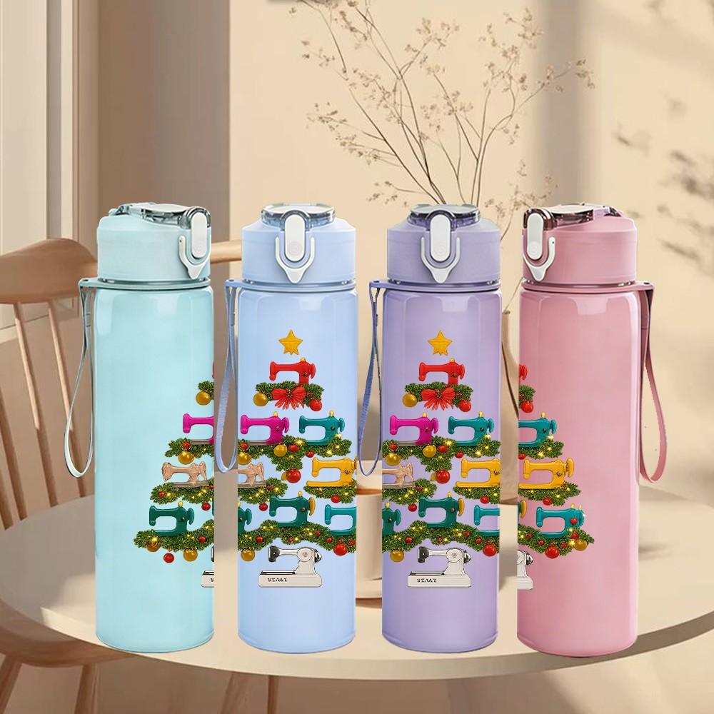 1PC Simple Christmas Tree Print 750ml Color Plastic Sports Water Bottle Leakproof Flip Straw Lid Suitable for Sports Office Home Use