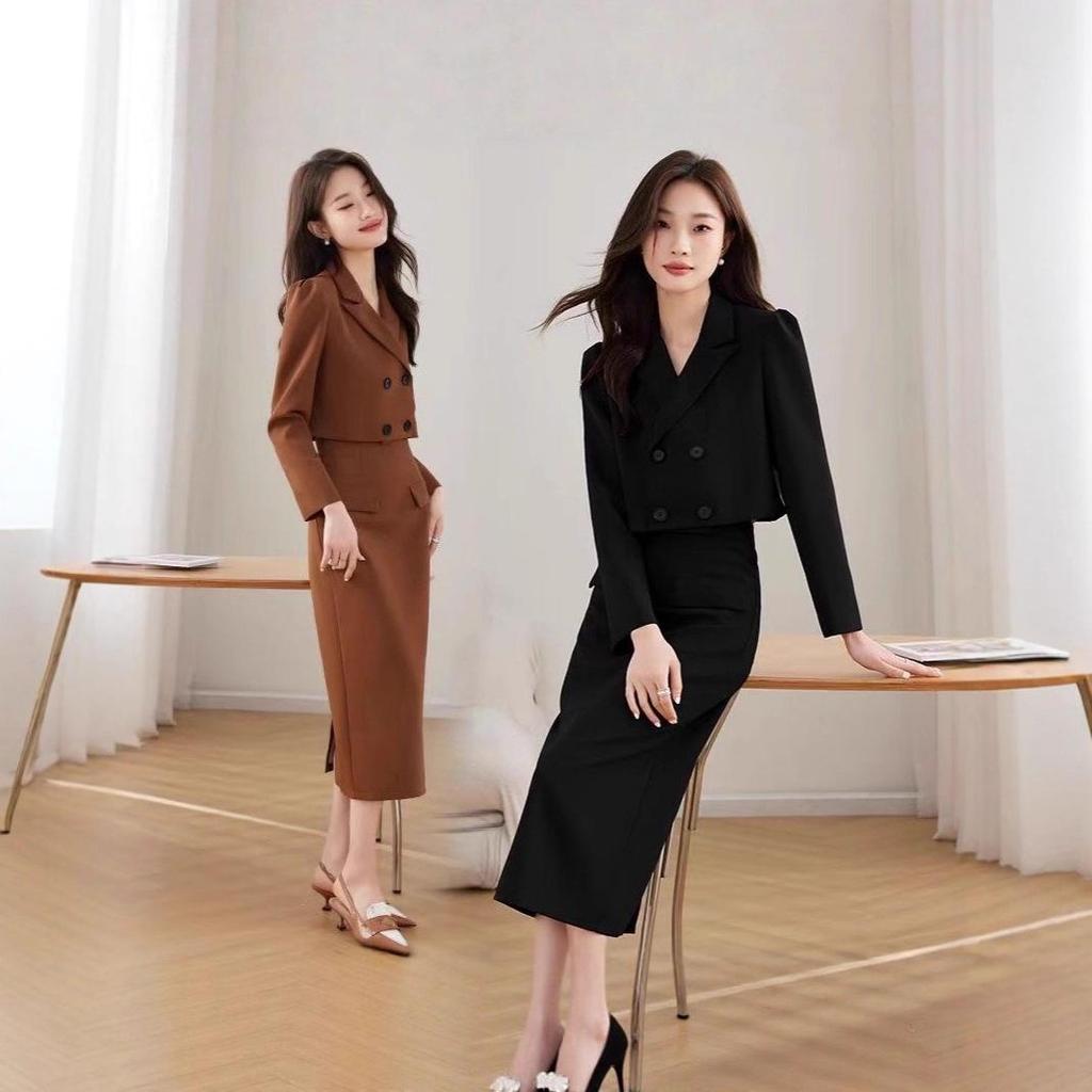 Plus Size 300 Jin Korean Autumn Double-Breasted Lapel Top and High-Waisted Slimming Skirt Set