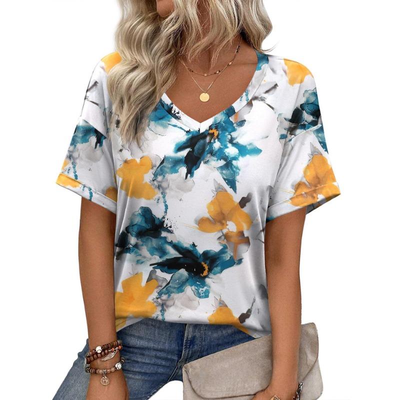 Summer V-neck 3D Flower Pattern Printed Top Fashionable Casual Short Sleeved Women's T-shirts
