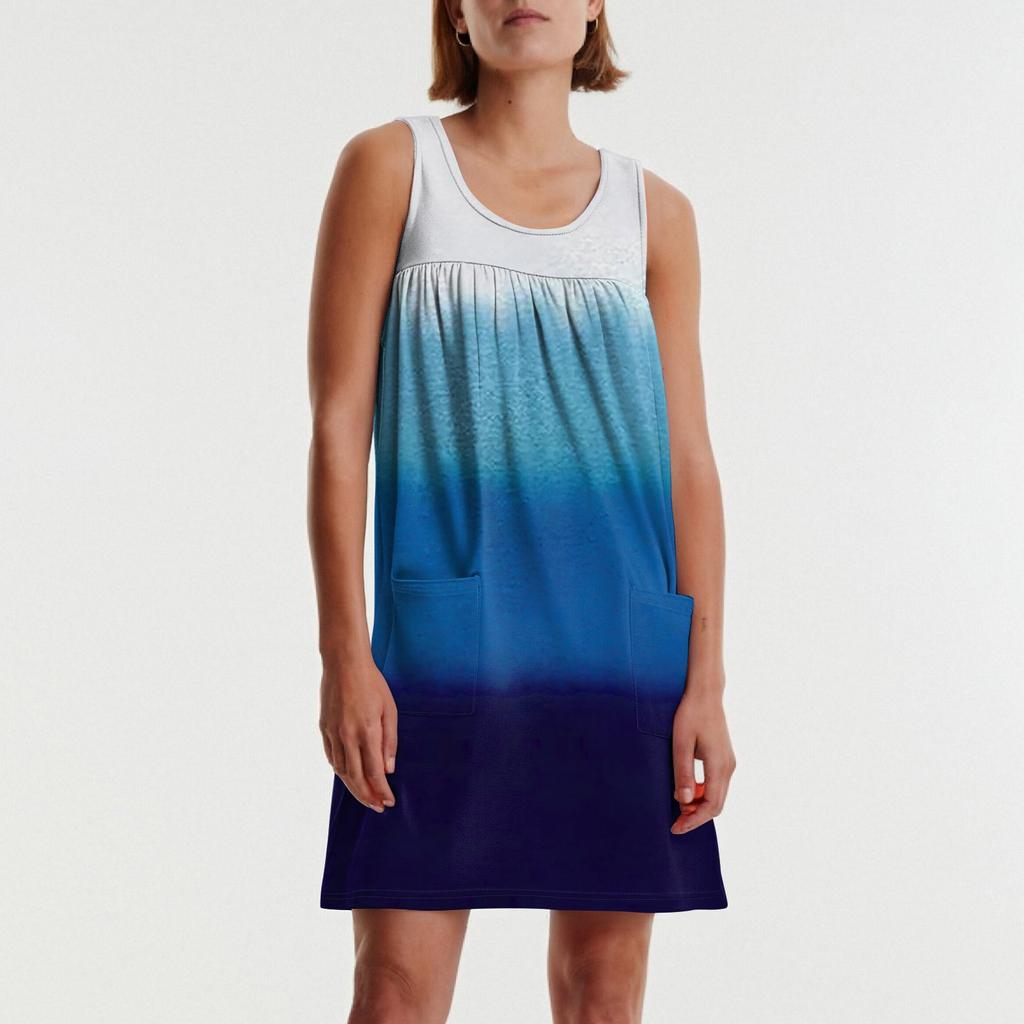 Ladies' Casual And Fashionable Round Neck Sleeveless Loose Printing Pocket Dress