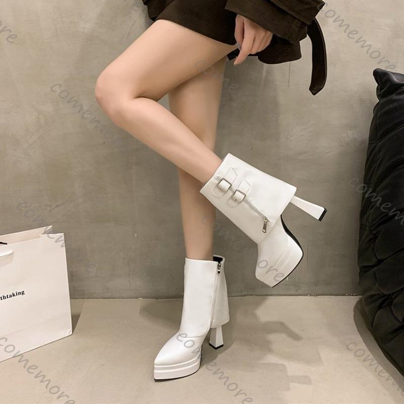 Fashion Comemore New Pointed Ultra-high Heel Boots for Women Belt Buckle Side Zipper Trouser Short Botines Thick Bottom Women's Shoes