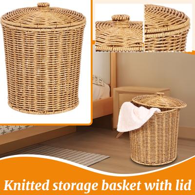 Cesta de Almacenamiento Tejida con Tapa - Cesto de Lavandería y Organizador de Ratán Para Dormitorio, Baño, Mantas y Juguetes
