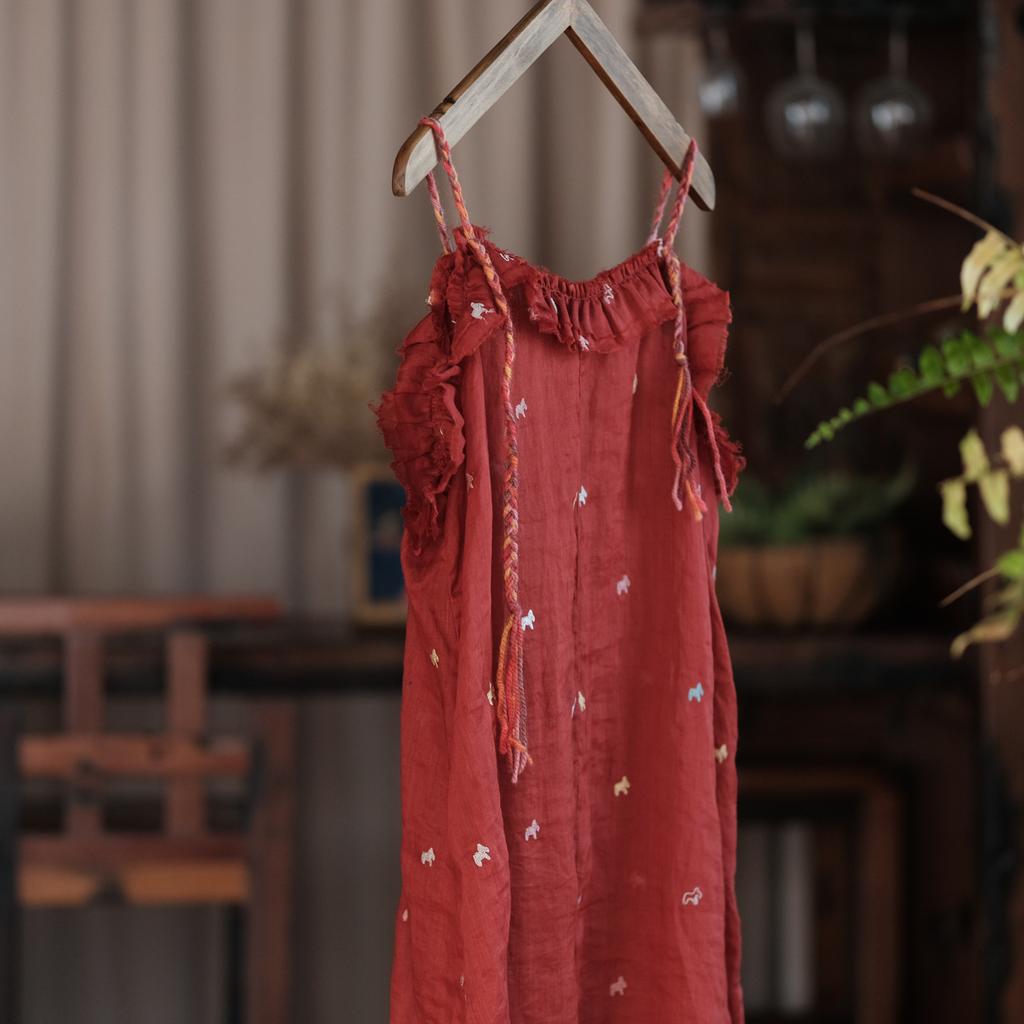 Johnature Retro Robe Strap Versatile Red Bottom Dresses