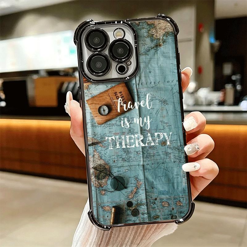 Travel Map Artistic Pattern Plating Phone Case For Iphone 16 17 Pro Max Air 16E 14 15 Plus 12 13 Mini Anti-Fall Airabag Cover