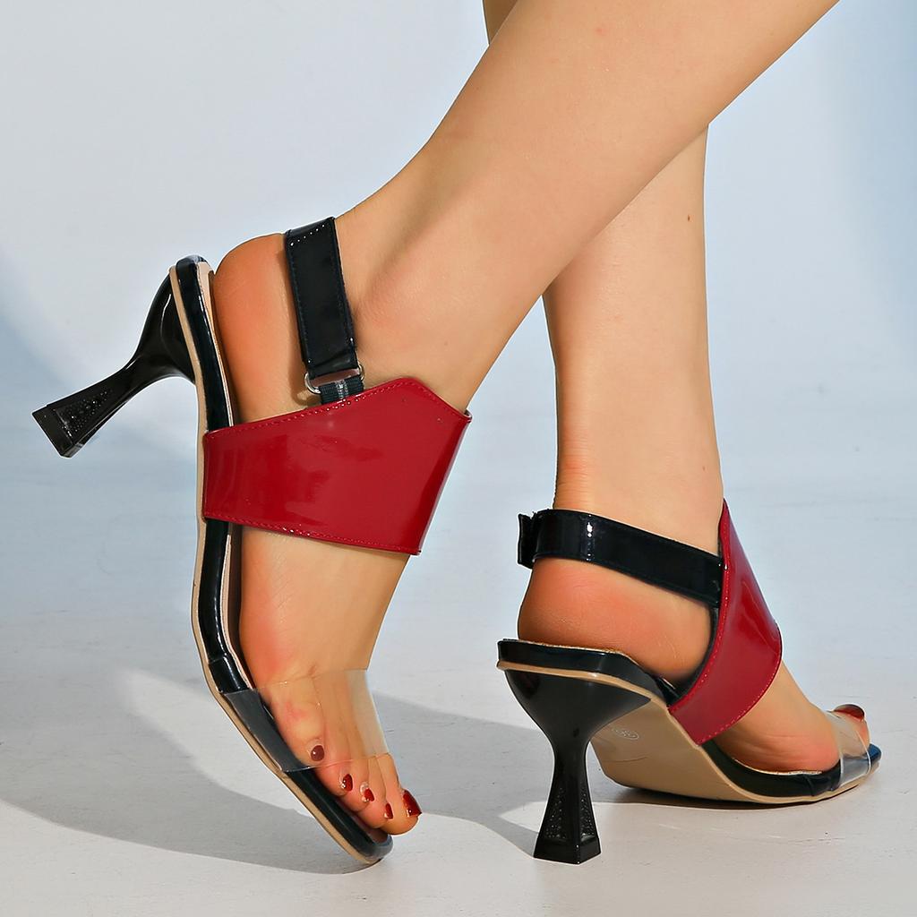 Women's High-heeled Sandals Large Size One-word with Color Matching Fish Mouth Patent Leather Glossy Sandals
