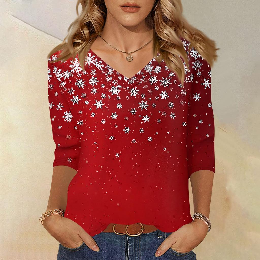 Damen T-Shirt Weihnachtsdruck 3/4 Ärmel Täglich Wochenende Mode Basic V-Ausschnitt Reguläres Oberteil