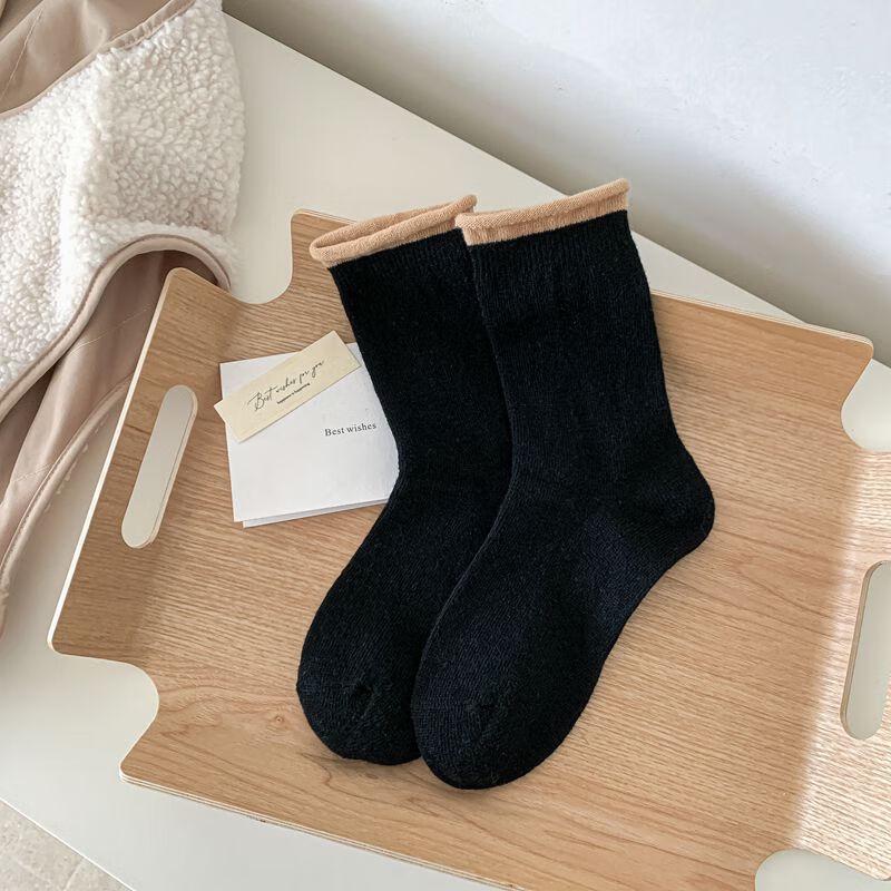 Yishanyisi Women s Rolled Edge Ribbed Color-block Wool Stacked Socks (5 Pairs)