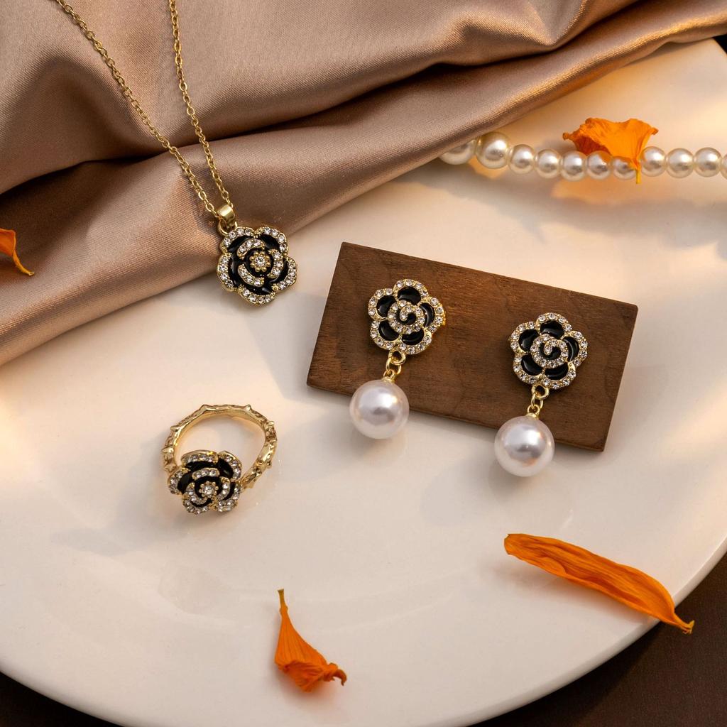French Retro Exquisite Camellia Necklace Ring Set, Light Luxury Metal Design Pearl Earrings Set For Women