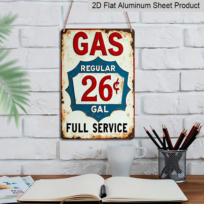 2D Flat 1pc Vintage Gas Station Aluminum Sign GAS REGULAR 26 GAL FULL SERVICE - Distressed Retro Wall Art for Garage, for Man Cave, Diner