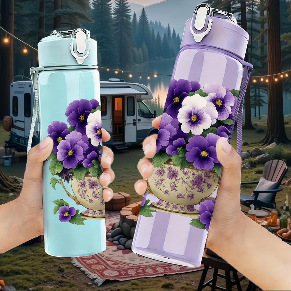 1PC Pansy Flower Pot Layout 750ml Color Plastic Sports Water Bottle Leakproof Flip Straw Lid For Sports Office Home Use