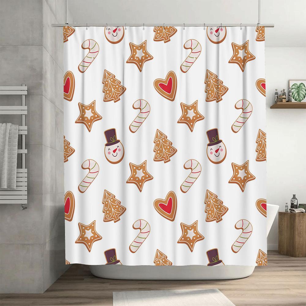 Christmas Shower Curtain, Gingerbread Cookies Pattern Bathroom Decor Set for Holiday Season Home Kitchen Waterproof Fabric with