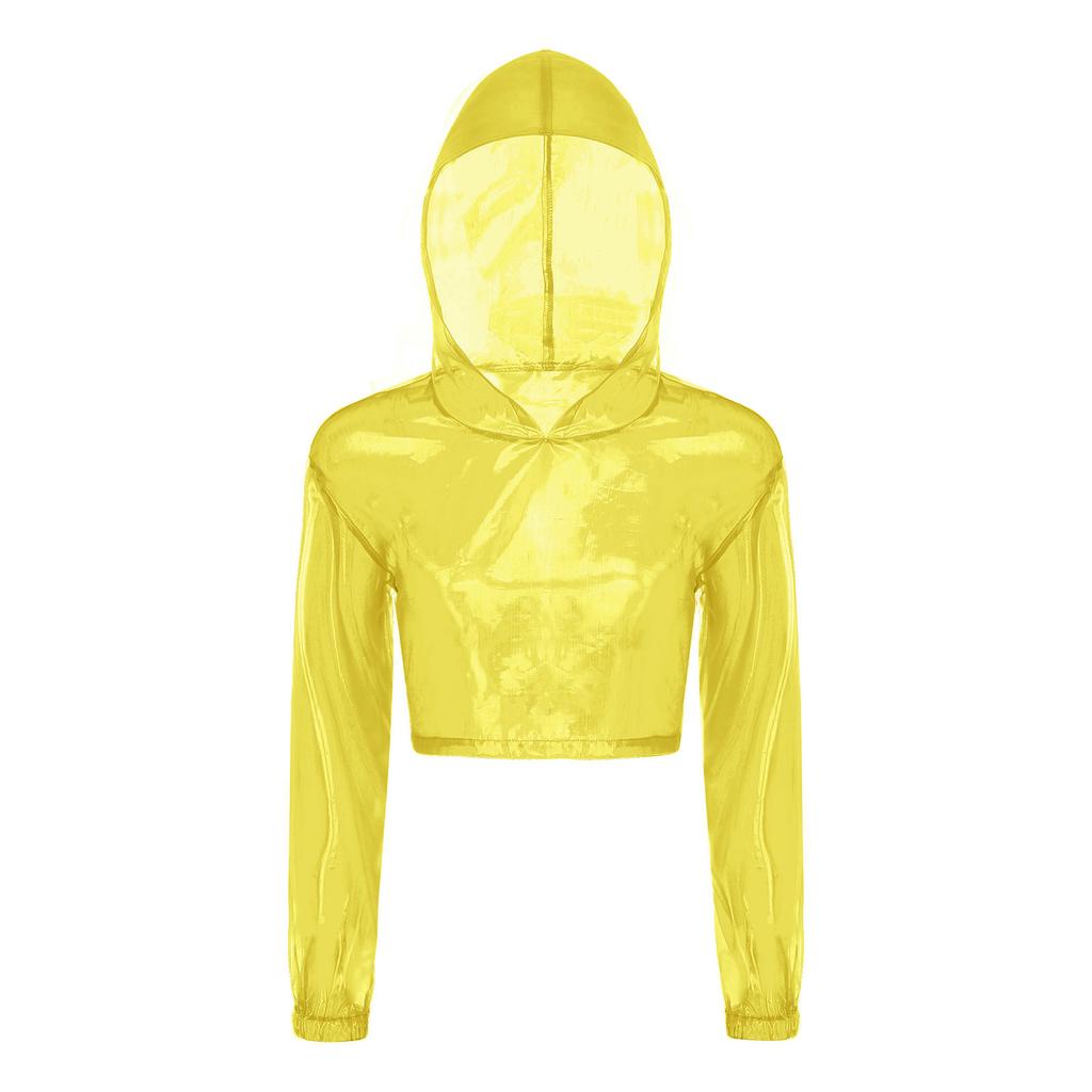 Womens Sparkly Sheer Top Hooded Long Sleeve Cropped Design Loose Fit Tops Club Rave Party