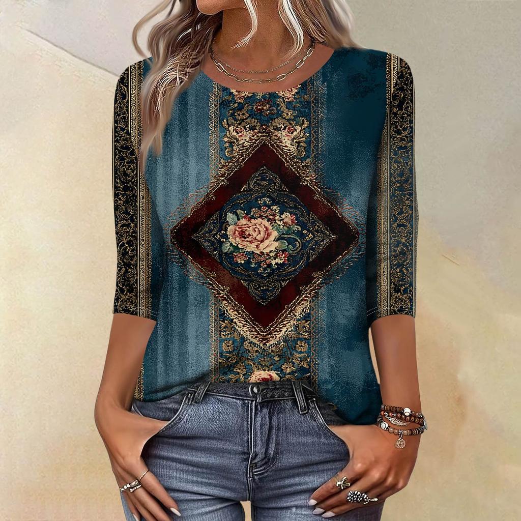 Módní vintage top s 3/4 rukávem pro ženy, dámská ležérní halenka s tříčtvrtečním rukávem a kulatým výstřihem s potiskem