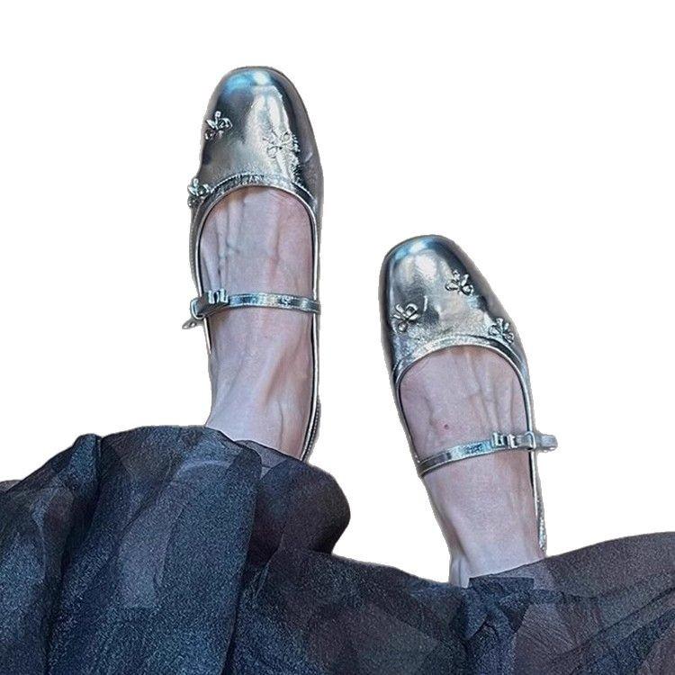 Sheepskin version~ bow-tied silver French single shoes women's flat-bottomed light-mouth Mary Jane shoes one-word buckle versatile small leather shoes