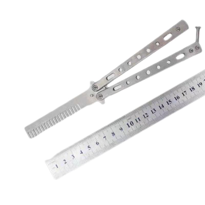 1Pcs Stainless Steel Practice Training Butterfly Knife Comb Beard Moustache Brush Salon Hairdressing Styling Tool Foldable Comb