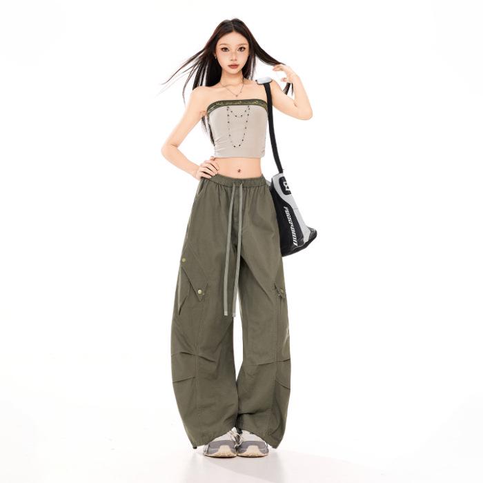 Women s Spring/Summer 2026 American Retro Slim Cargo Pants - Multi-Pocket, Drawstring, Trendy Banana Style M