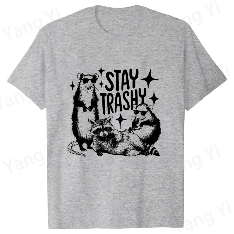 Trashy Letter Printing T-shirt Men Women Fashion Short Sleeve Street Personality Raccoon Opossum Pattern Tees