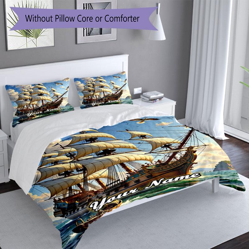 3PC Custom Name Adventure High Seas Bedding Set Duvet Cover Closure Includes 1 Duvet Cover & 2 Pillowcases for Bedroom