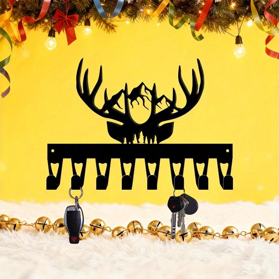 Vintage Iron Deer Head Wall Hook Coat Rack with 8 Hooks for Entryway