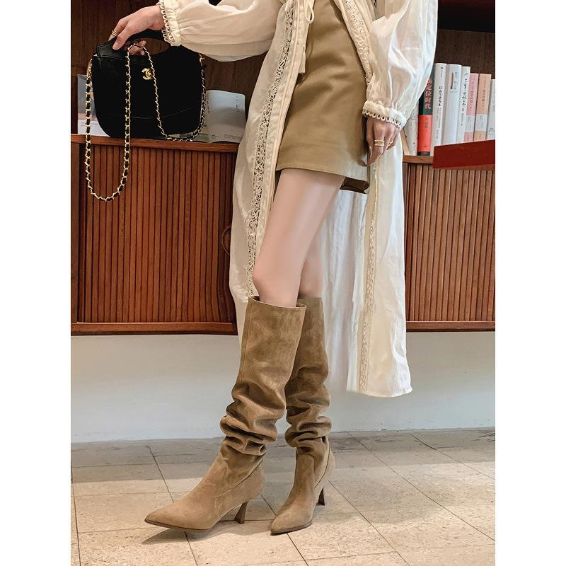 Pointed retro Korean suede stiletto stacking boots pleated western boots long boots
