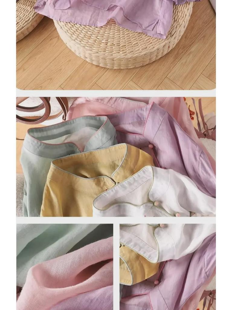 Women's Ethnic Embroidered Cotton-Linen Shirt, Oblique Collar, 3/4 Sleeves, Retro Literary Summer Tea Dress.