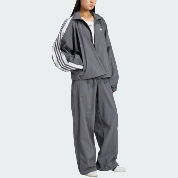 adidas Originals Logo Streifen Bequeme Zip-Up Stehkragen Jacke Damen Jacke Dunkelgrau JY8879