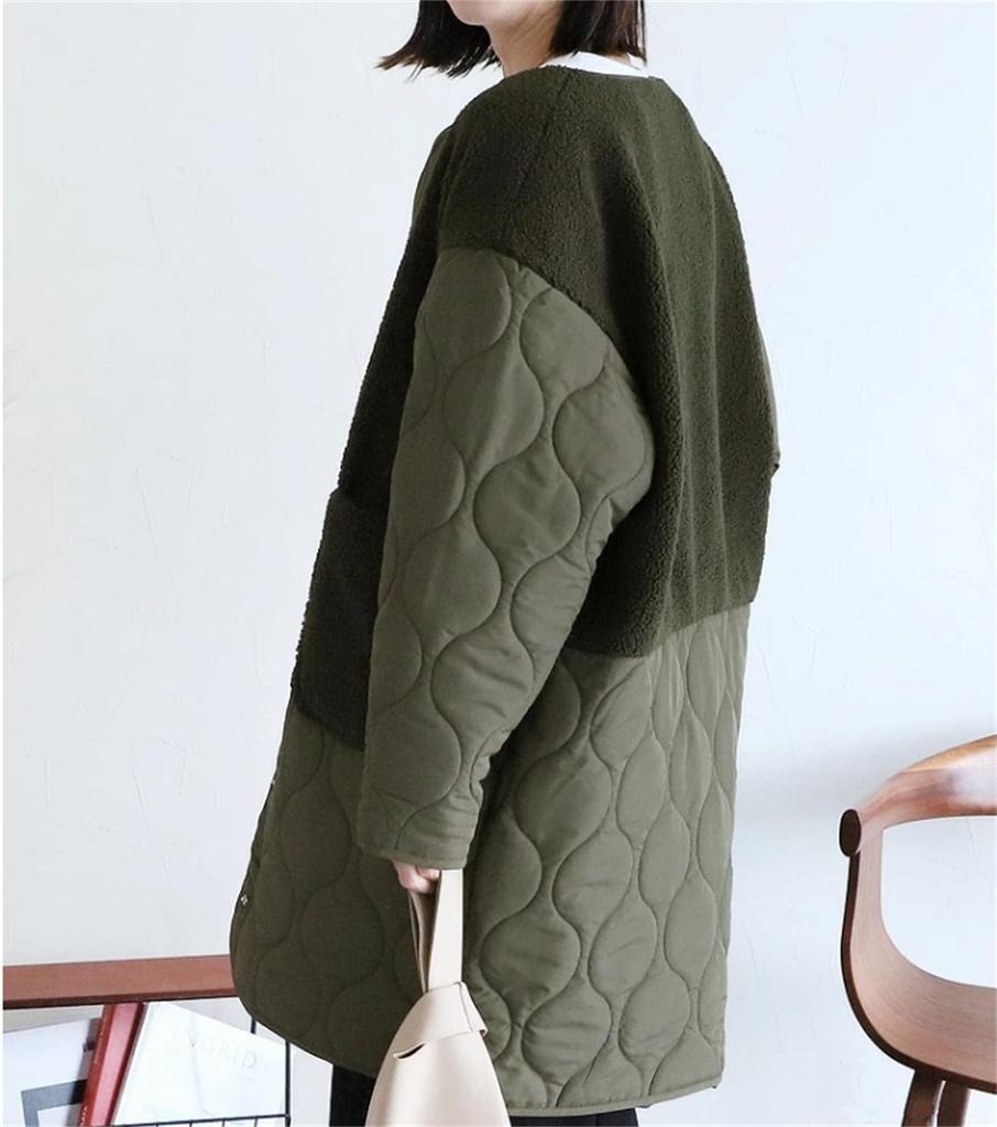 Quilted Long Slimming Winter Loose Fit [kisetsumate] Women's Jacket, Outerwear, No-Collar Boa, Coat, Lightweight, Warm, Padded, (Free Size, Green)