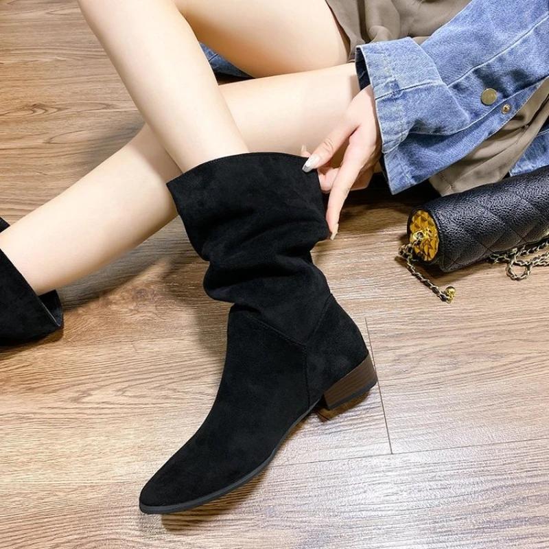 Fashion 2024 Women's Natural Suede Western Boots Thick Pointed Short Boots Vintage Pleated Fashion Boots Women's Autumn